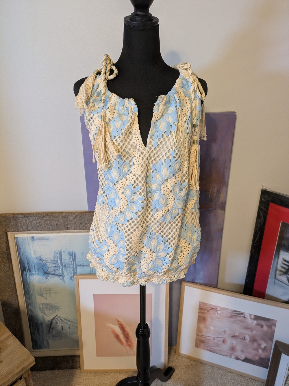 VENUS Light Blue and Cream Crochet Tie-Shoulder Camisole Size L Oversized Ruffle